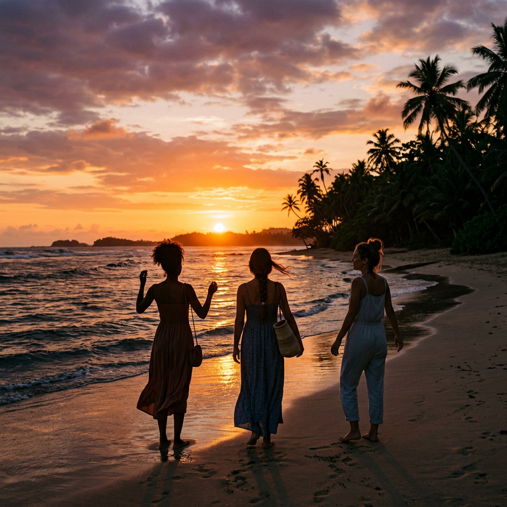 Three women walking barefoot on a sandy beach at sunset with palm trees.